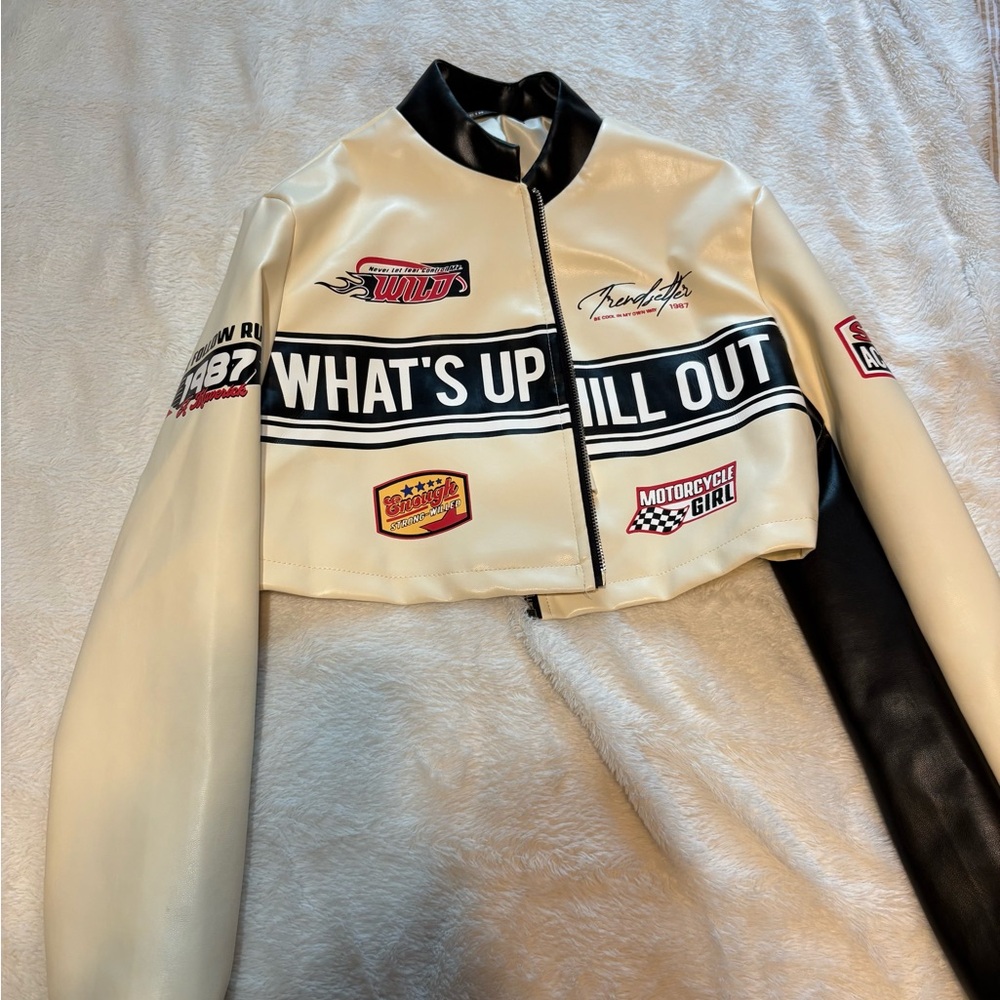 SHEIN Cream and Black Bomber Jacket Racing Style